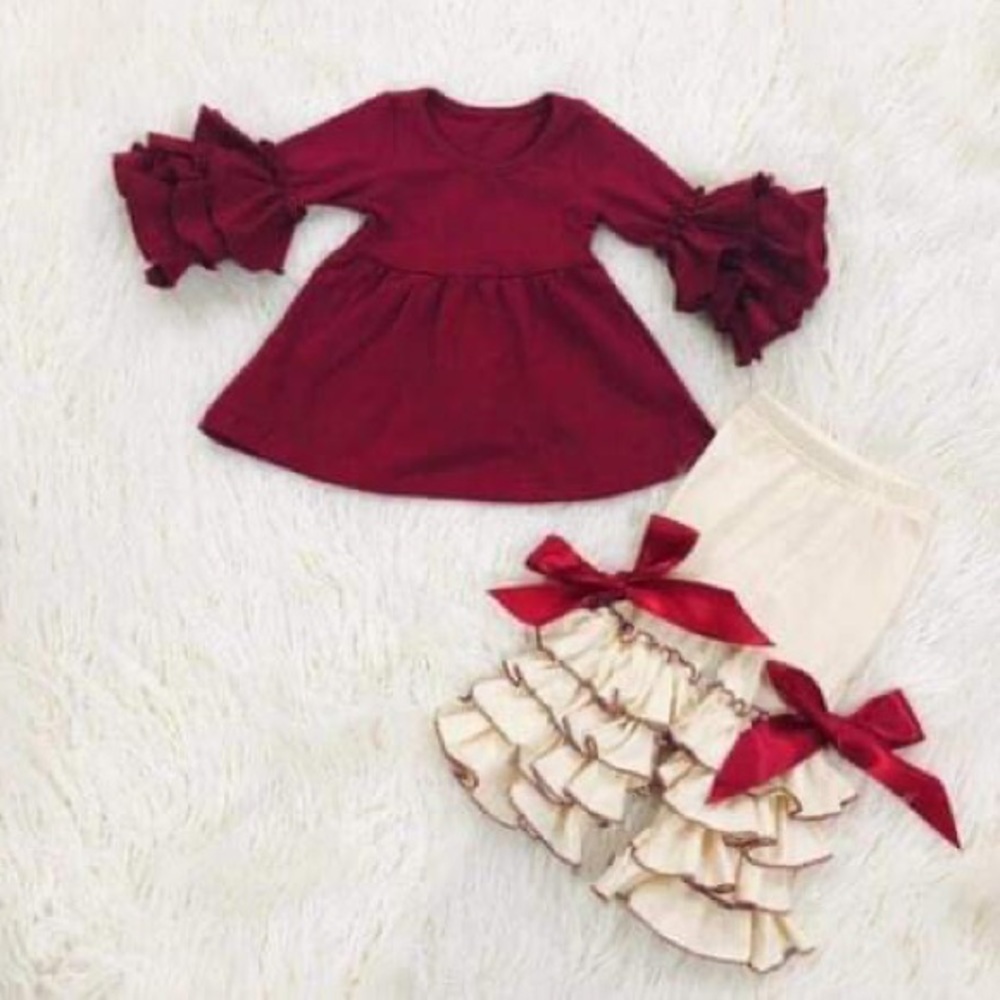 Boutique cute ruffle long sleeve top pants set